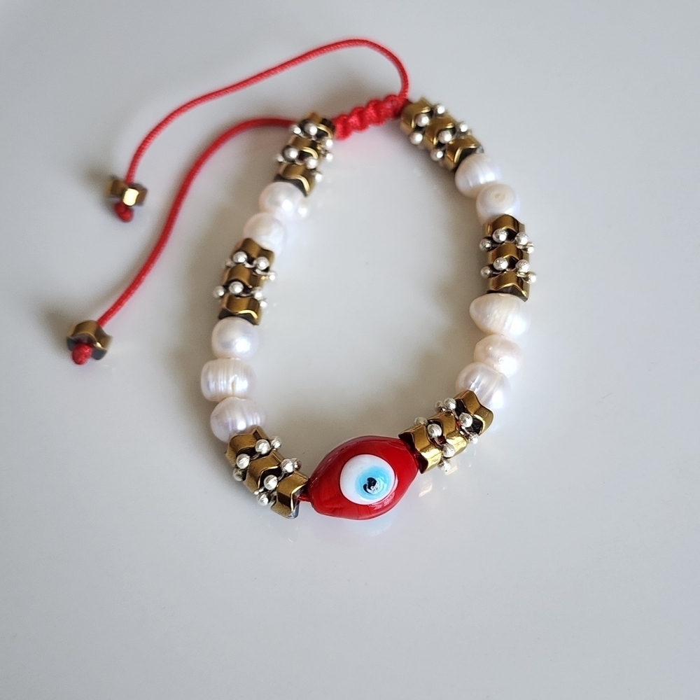 Handcrafted Evil Eye Beaded Bracelet with Pearls and Red Cord